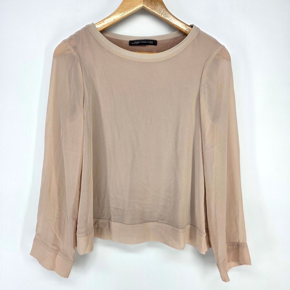 Zara Woman Blouse Womens XS Nude Pink Sheer Layered Long Sleeve Chiffon Top